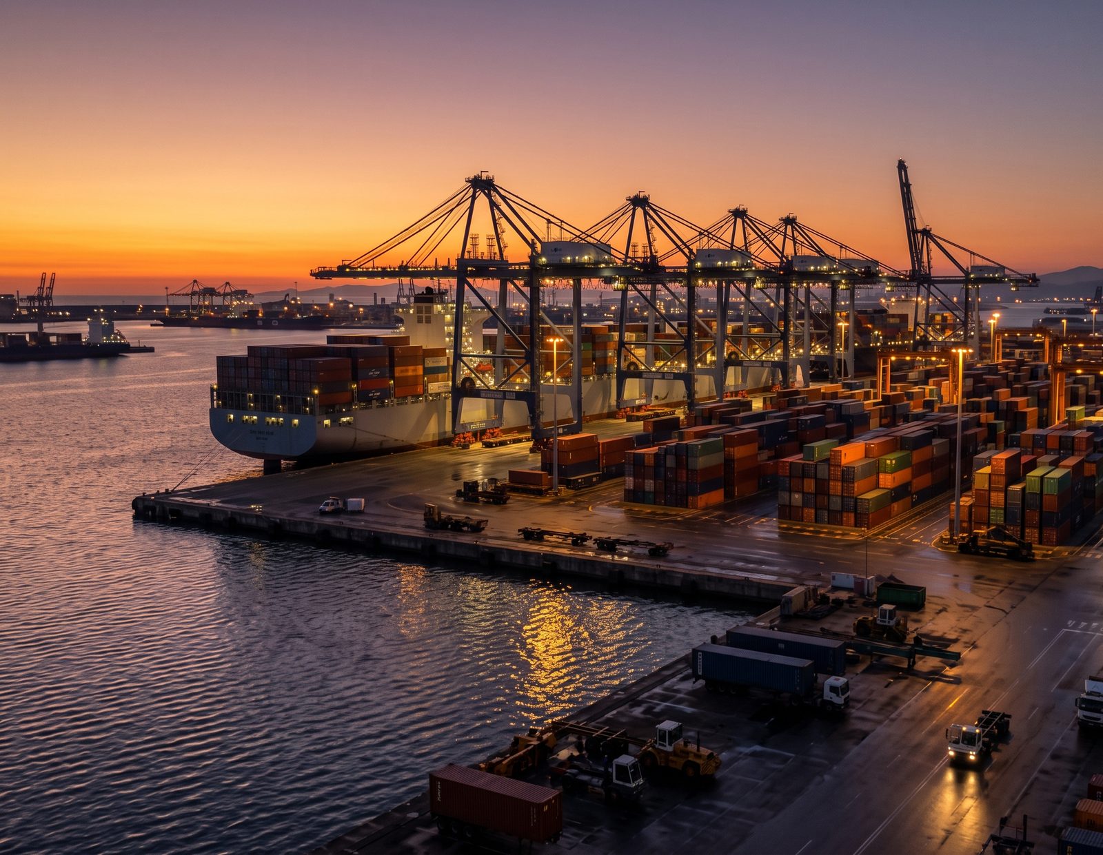 Container terminal at dusk with gantry cranes loading a vessel