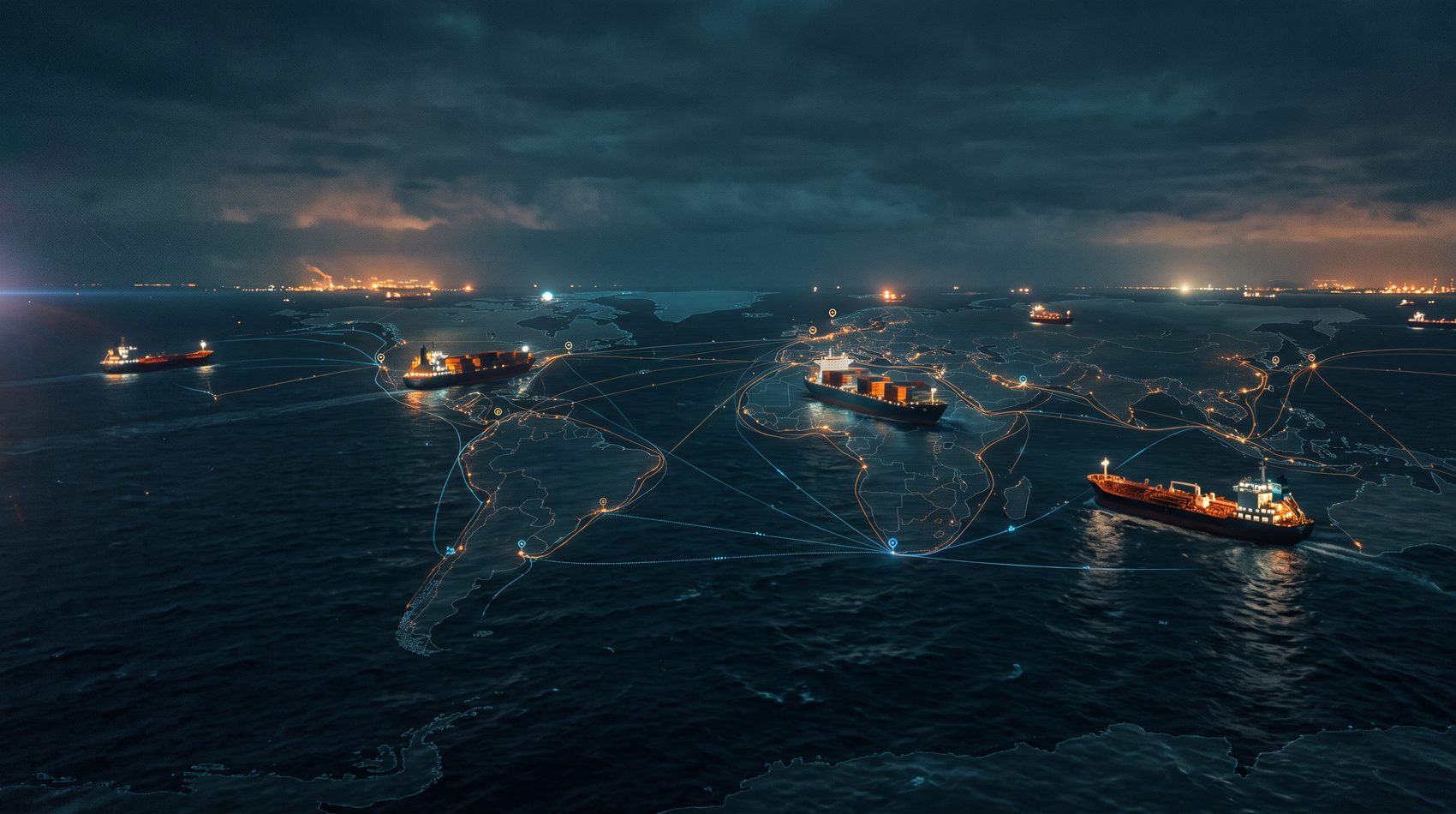 Cargo vessels at night connected by glowing global shipping route lines
