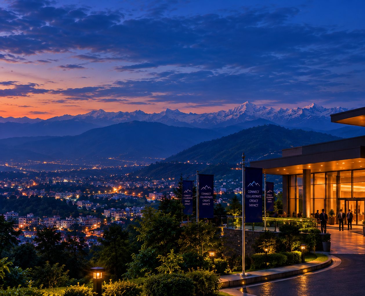 Evening view over Dehradun with the Himalayan foothills under a deep blue sky